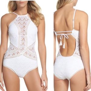 Becca Crochet High Neck Swimsuit White Sz M